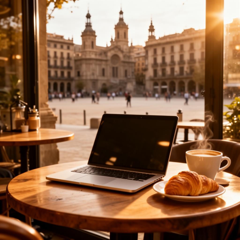 Café ensolarado em Barcelona com vista para uma praça histórica