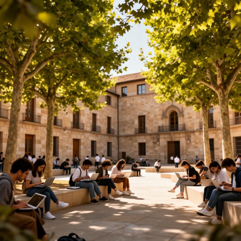 Pátio universitário moderno na Espanha com estudantes estudando sob árvores